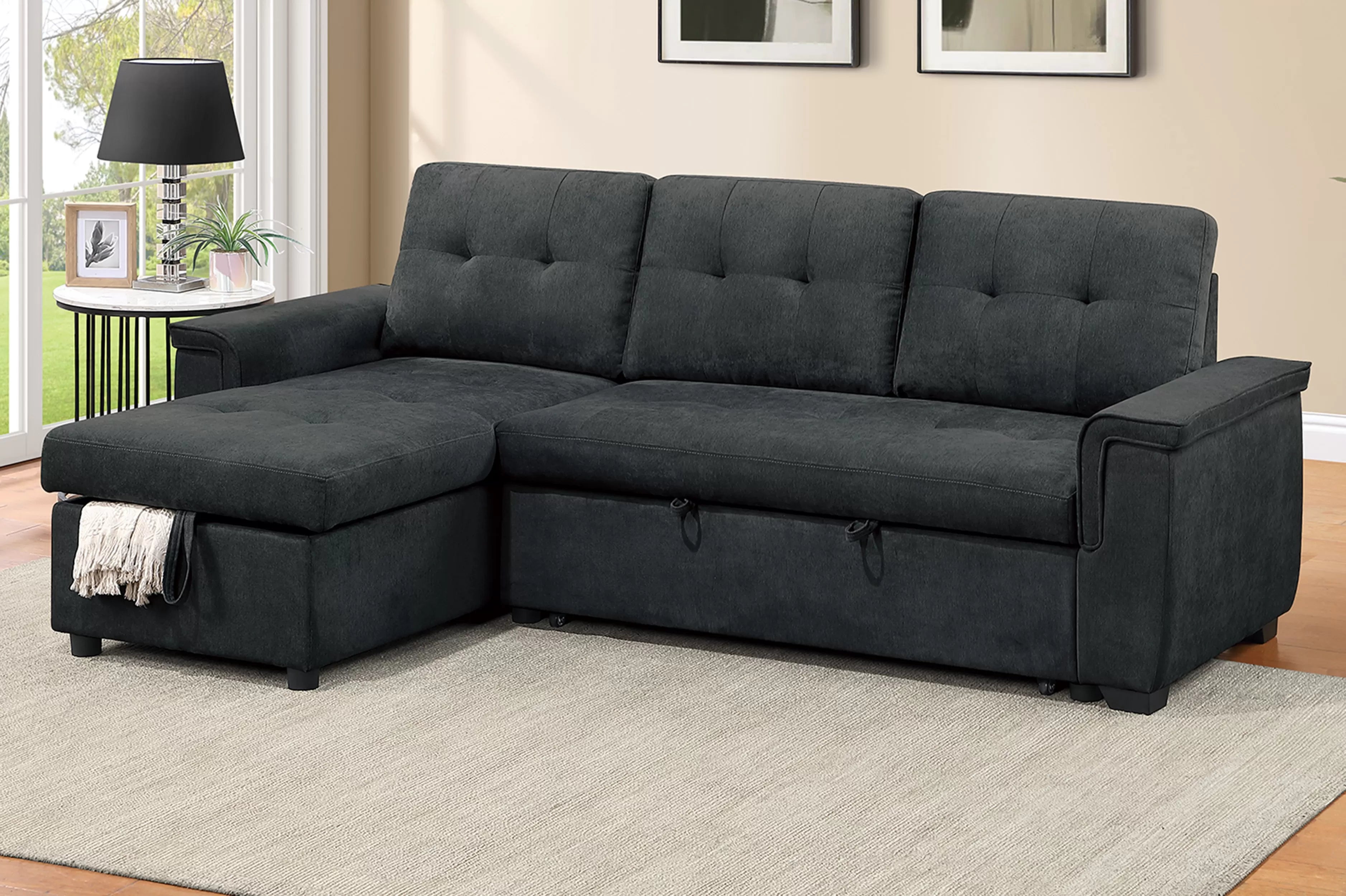 Poundex F7491 2 pc Black tweed like velvet sectional sofa set pull out sleep area pop up reversible storage chaise