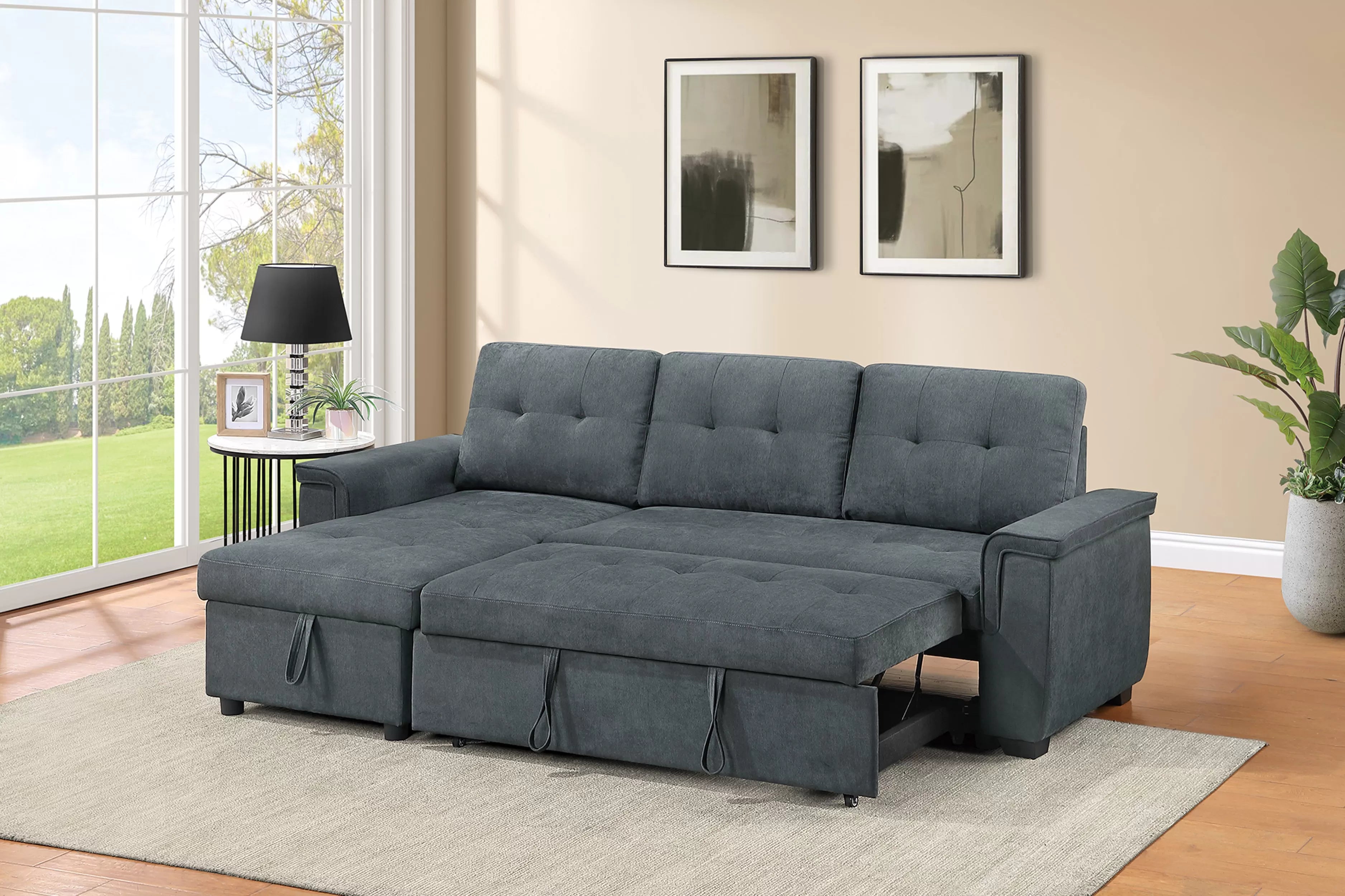 Poundex F7492 2 pc Ash black tweed like velvet sectional sofa set pull out sleep area pop up reversible storage chaise