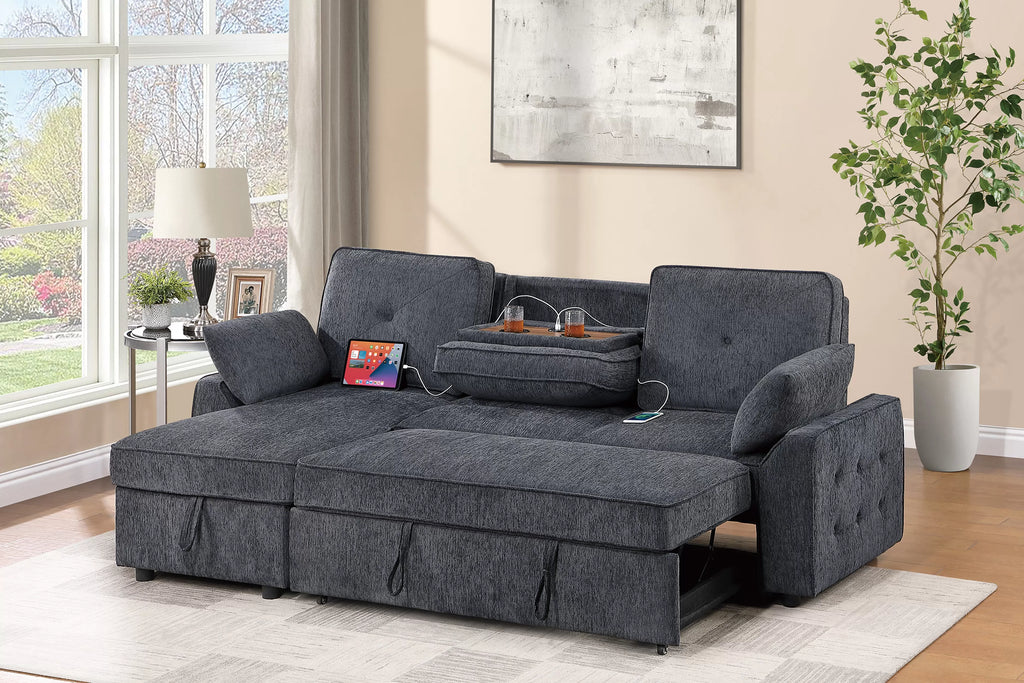 Poundex F7493 2 pc Dark grey chenille fabric sectional sofa set pull out sleep area pop up reversible storage chaise drop down tray table back