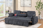 Poundex F7493 2 pc Dark grey chenille fabric sectional sofa set pull out sleep area pop up reversible storage chaise drop down tray table back