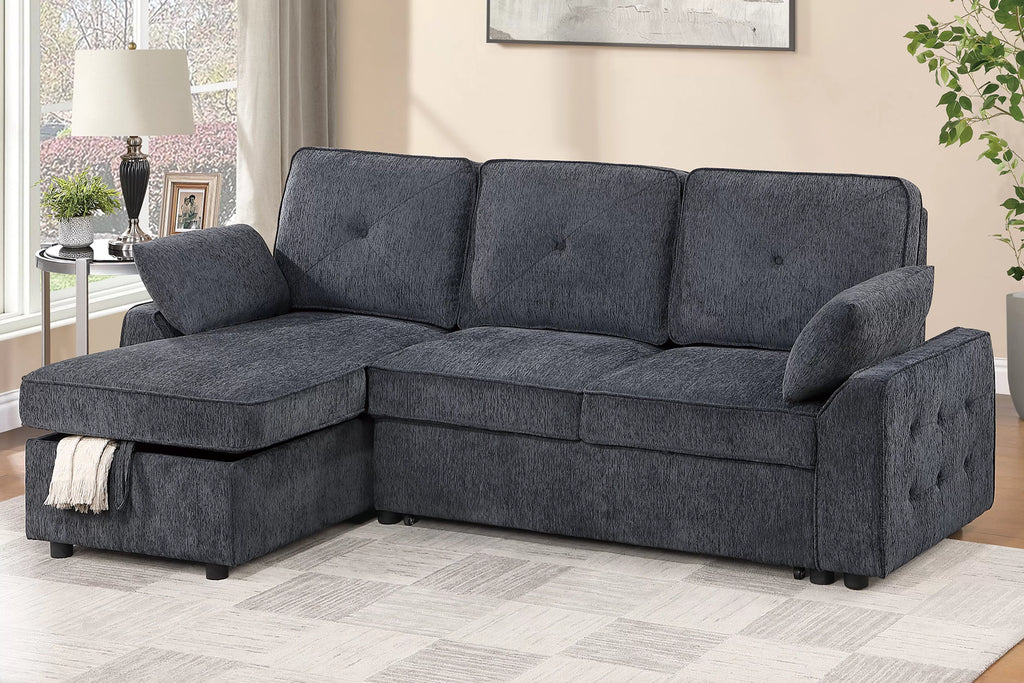 Poundex F7493 2 pc Dark grey chenille fabric sectional sofa set pull out sleep area pop up reversible storage chaise drop down tray table back