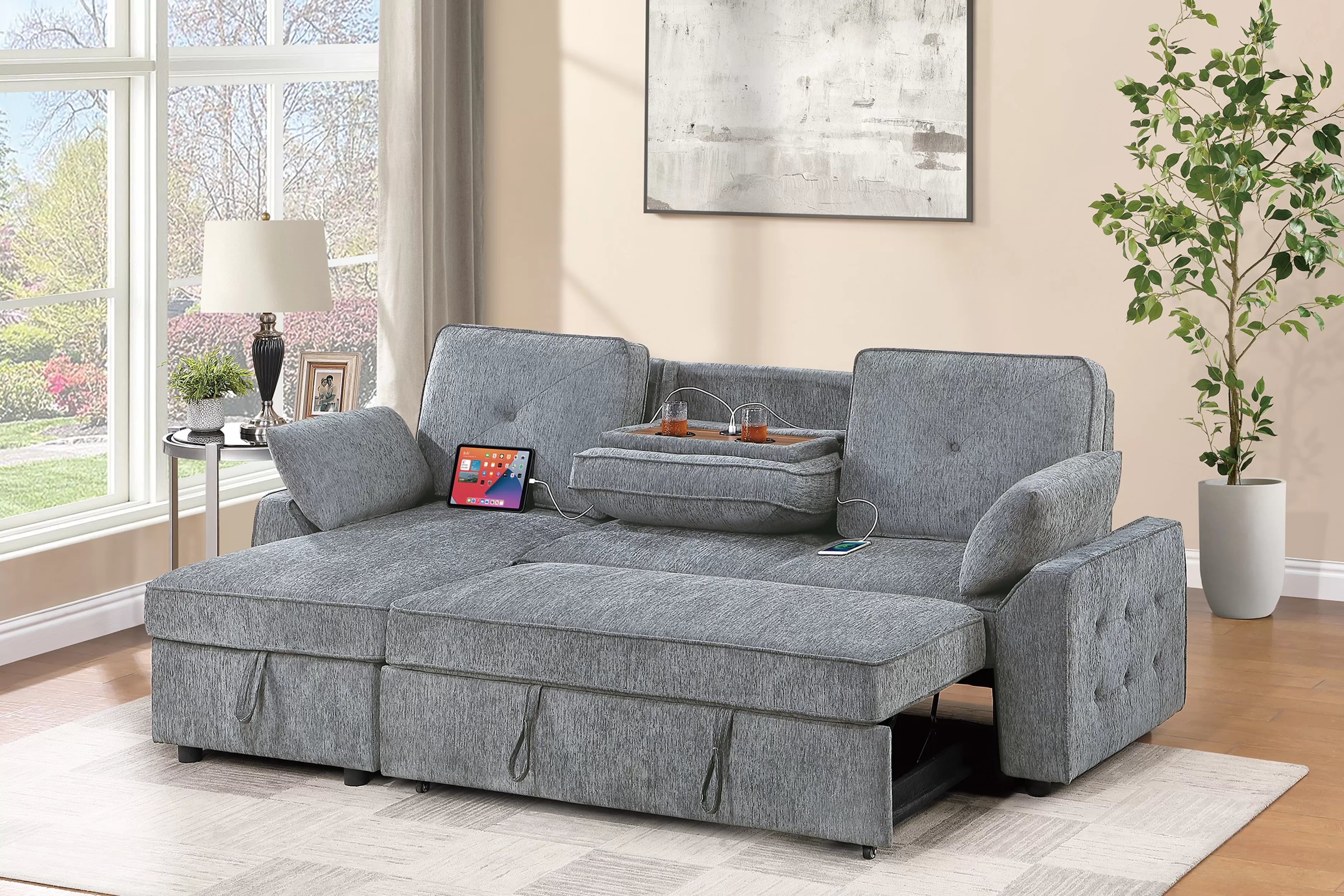 Poundex F7494 2 pc Light grey chenille fabric sectional sofa set pull out sleep area pop up reversible storage chaise drop down tray table back