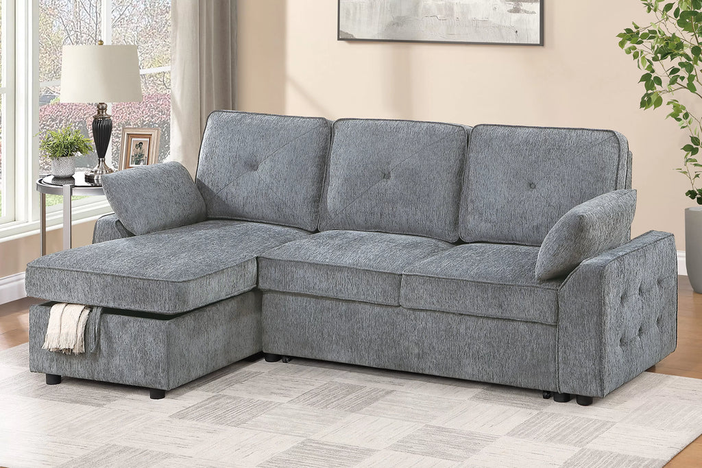 Poundex F7494 2 pc Light grey chenille fabric sectional sofa set pull out sleep area pop up reversible storage chaise drop down tray table back