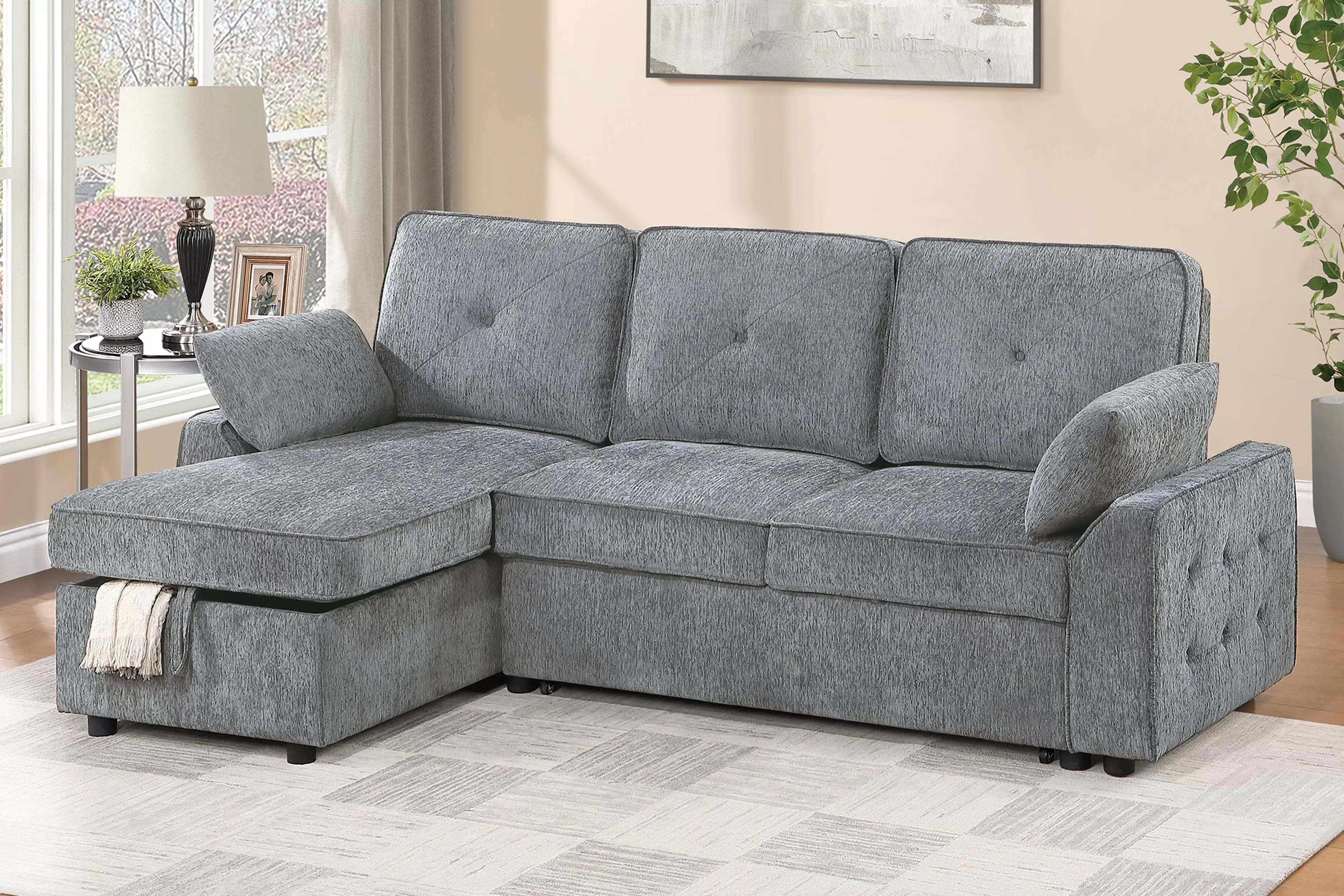 Poundex F7494 2 pc Light grey chenille fabric sectional sofa set pull out sleep area pop up reversible storage chaise drop down tray table back