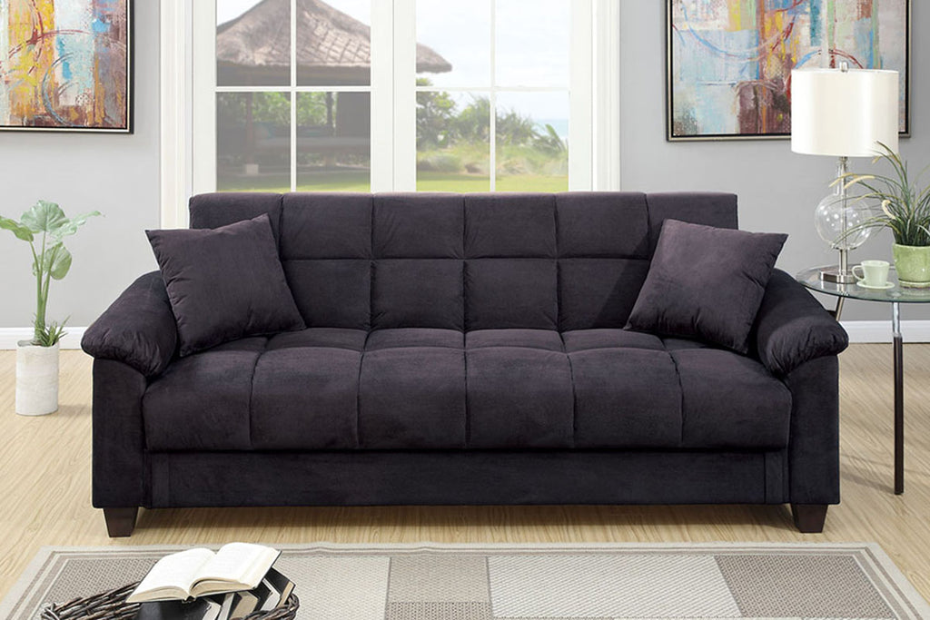 Poundex F7888 Ebony black tufted microfiber fabric futon folding sofa bed with storage underneath seat folding back