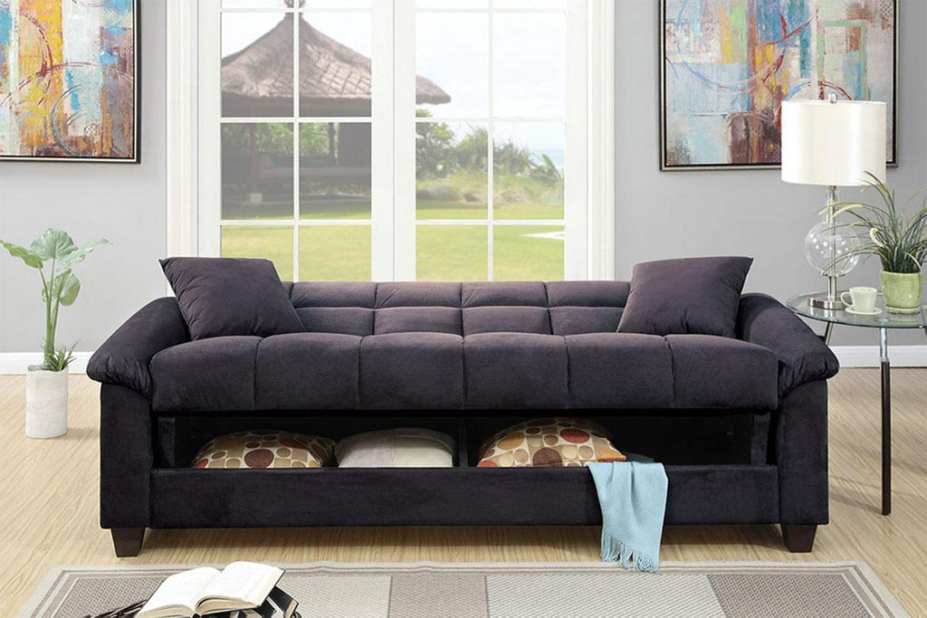 Poundex F7888 Ebony black tufted microfiber fabric futon folding sofa bed with storage underneath seat folding back