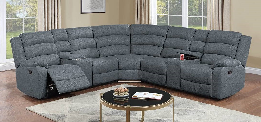 Poundex F8100 3 pc dark grey linen like fabric sectional sofa with drink consoles and recliner ends