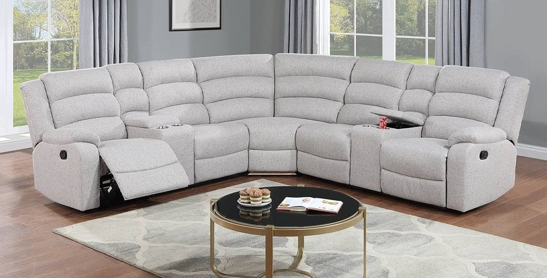 Poundex F8110 3 pc sincere bone light grey linen like fabric sectional sofa with drink consoles and recliner ends