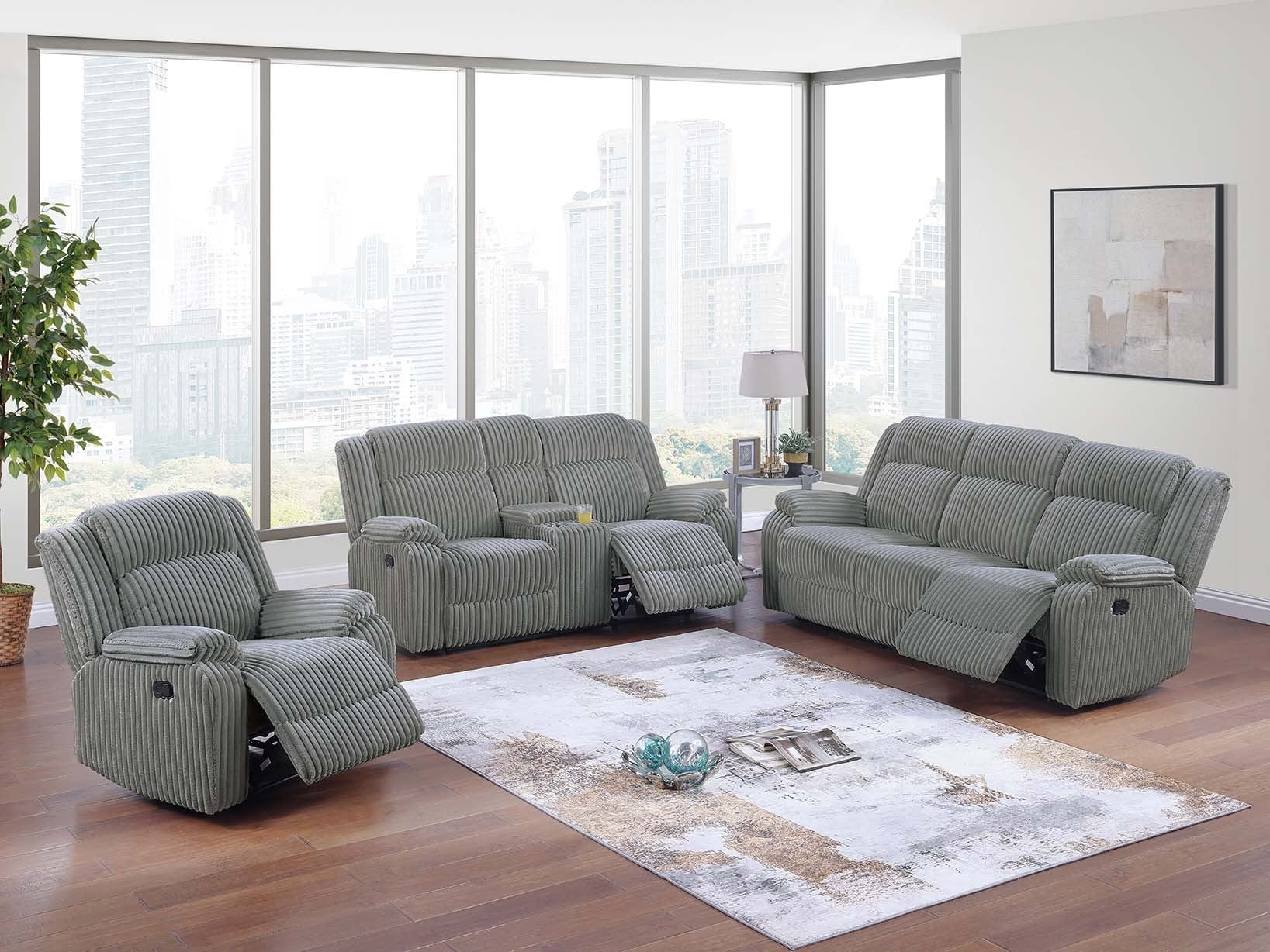 Poundex F8123-22 2 pc smoke grey wide welt corduroy sofa and love seat set with recliners on the ends