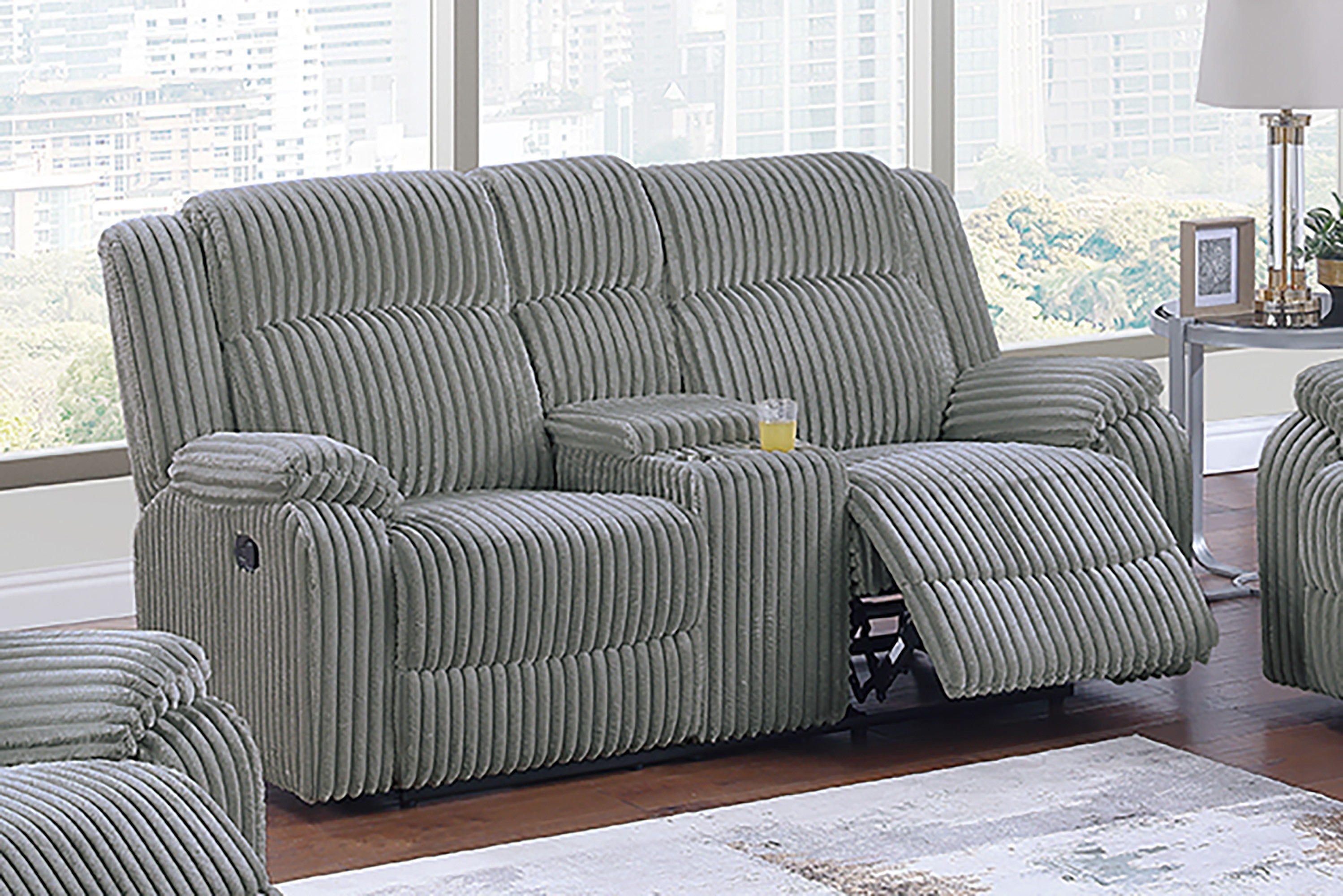 Poundex F8123-22 2 pc smoke grey wide welt corduroy sofa and love seat set with recliners on the ends