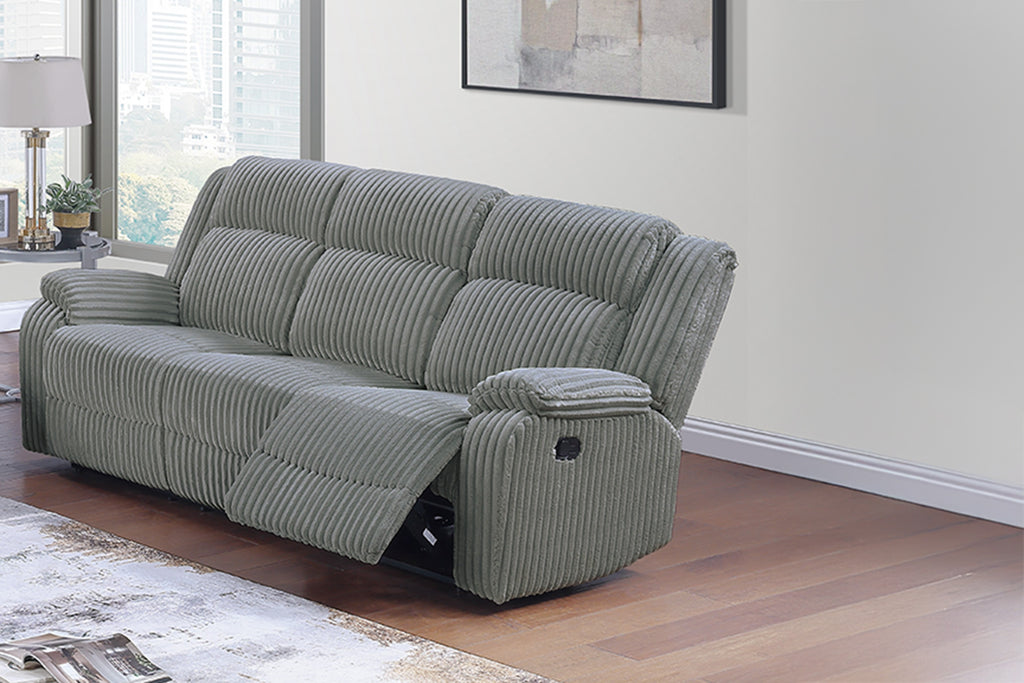 Poundex F8123-22 2 pc smoke grey wide welt corduroy sofa and love seat set with recliners on the ends