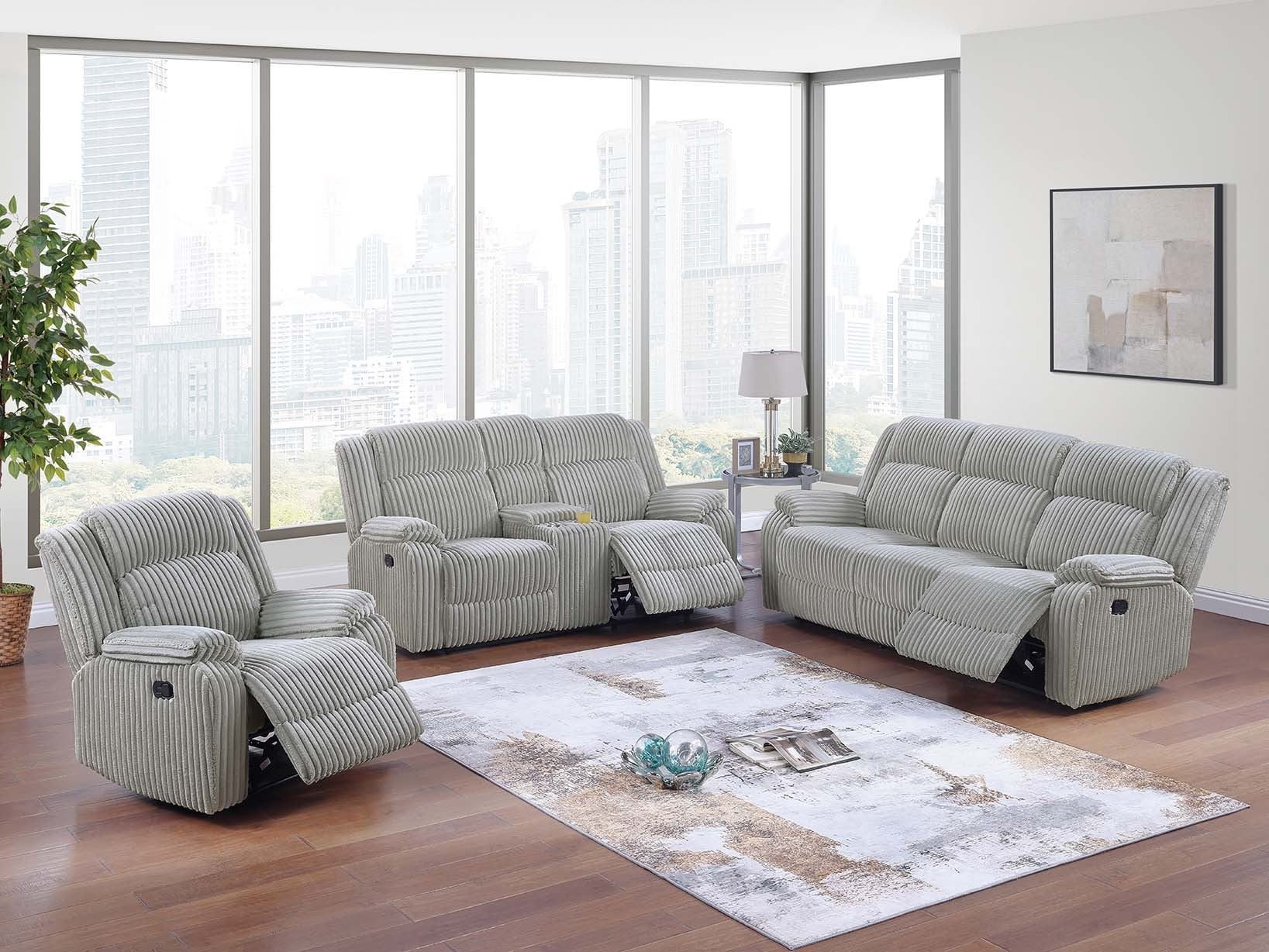 Poundex F8126-25 2 pc ash grey wide welt corduroy sofa and love seat set with recliners on the ends