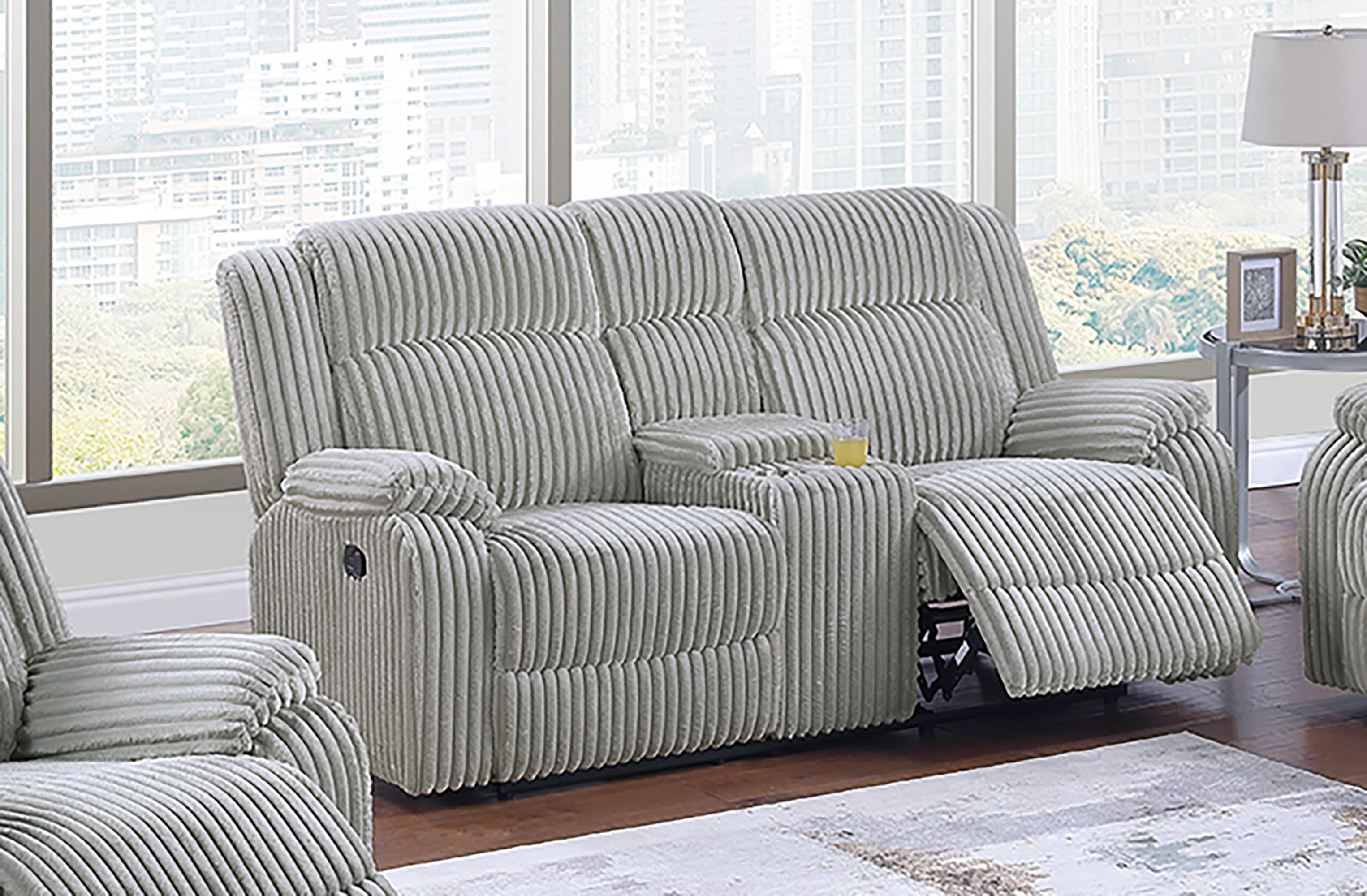 Poundex F8126-25 2 pc ash grey wide welt corduroy sofa and love seat set with recliners on the ends