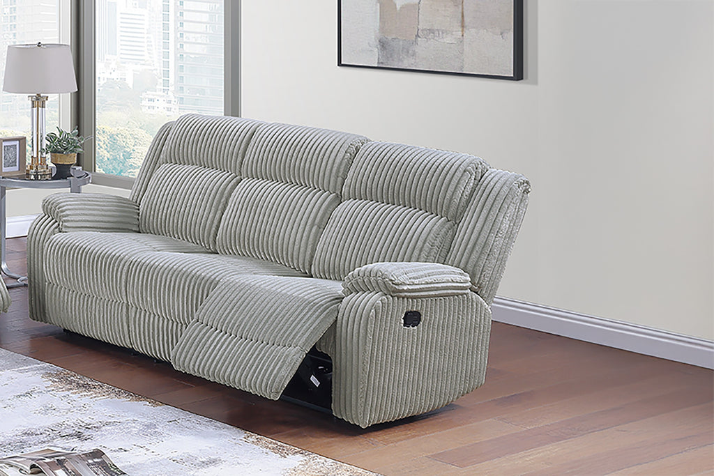 Poundex F8126-25 2 pc ash grey wide welt corduroy sofa and love seat set with recliners on the ends