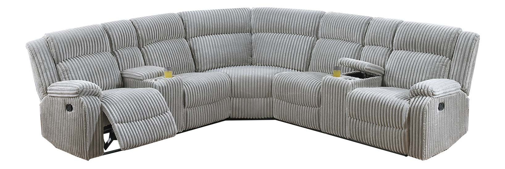 Poundex F8128 3 pc ash grey wide welt corduroy sectional sofa with cup consoles and recliners on the end