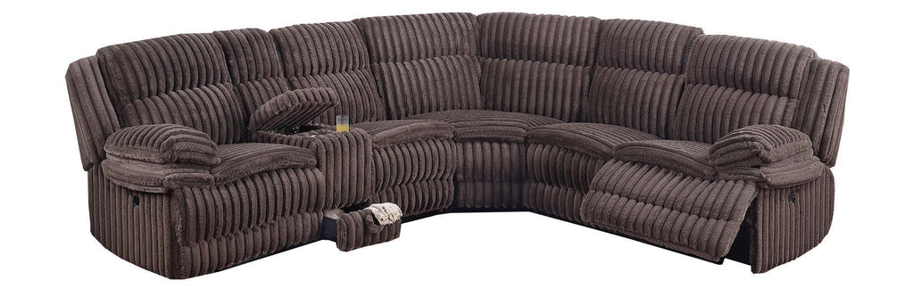 Poundex F8131 3 pc chocolate wide welt corduroy sectional sofa with cup console and storage drawer and recliners on the end