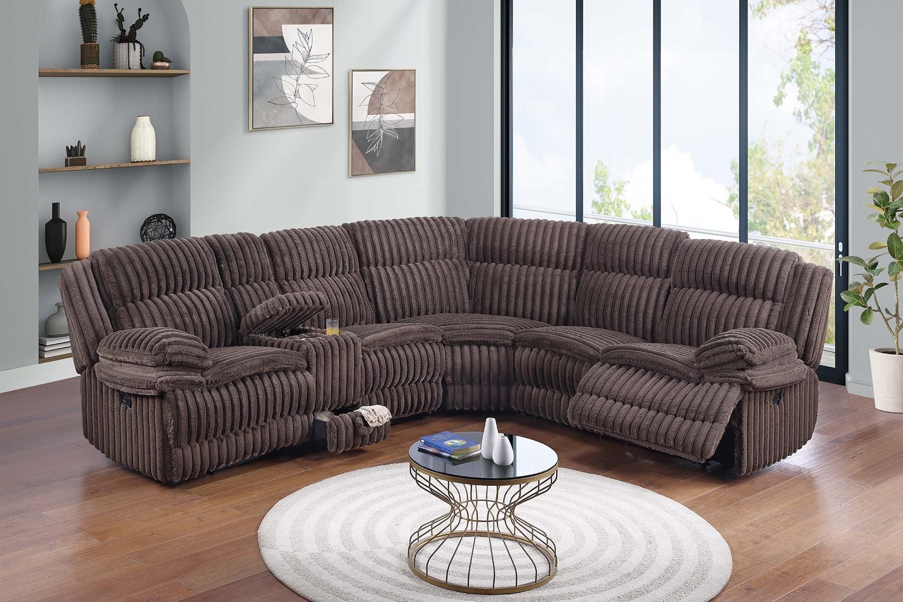 Poundex F8131 3 pc chocolate wide welt corduroy sectional sofa with cup console and storage drawer and recliners on the end