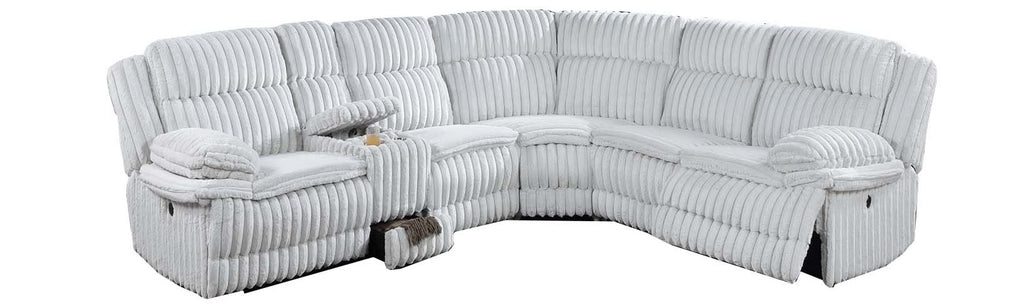 Poundex F8132 3 pc light grey wide welt corduroy sectional sofa with cup console and storage drawer and recliners on the end