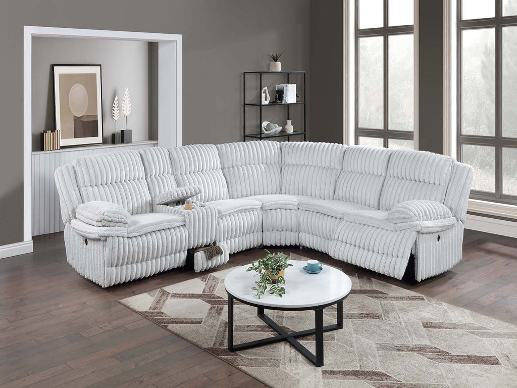 Poundex F8132 3 pc light grey wide welt corduroy sectional sofa with cup console and storage drawer and recliners on the end
