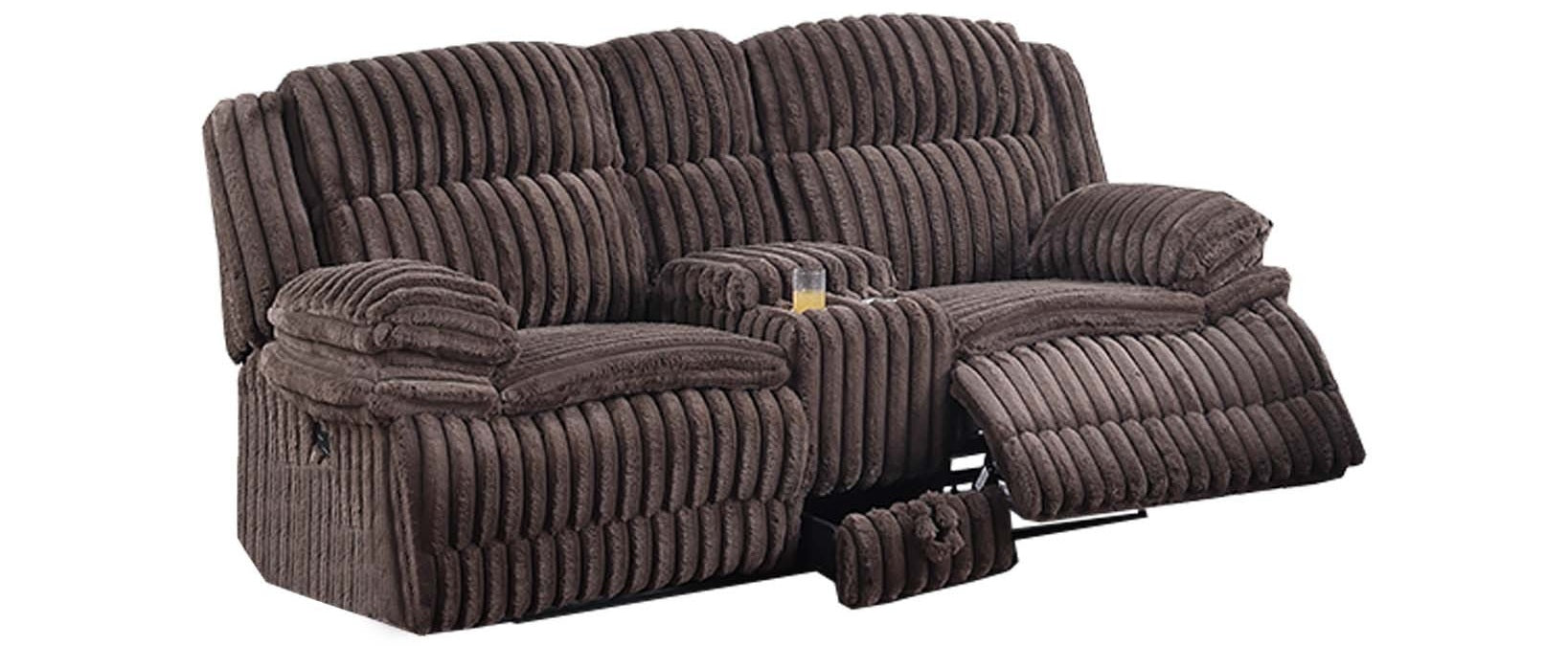 Poundex F8136-35 2 pc chocolate wide welt corduroy sofa with drop down tray and love seat with cup console with recliners on the ends