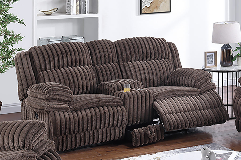 Poundex F8136-35 2 pc chocolate wide welt corduroy sofa with drop down tray and love seat with cup console with recliners on the ends