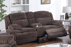 Poundex F8136-35 2 pc chocolate wide welt corduroy sofa with drop down tray and love seat with cup console with recliners on the ends