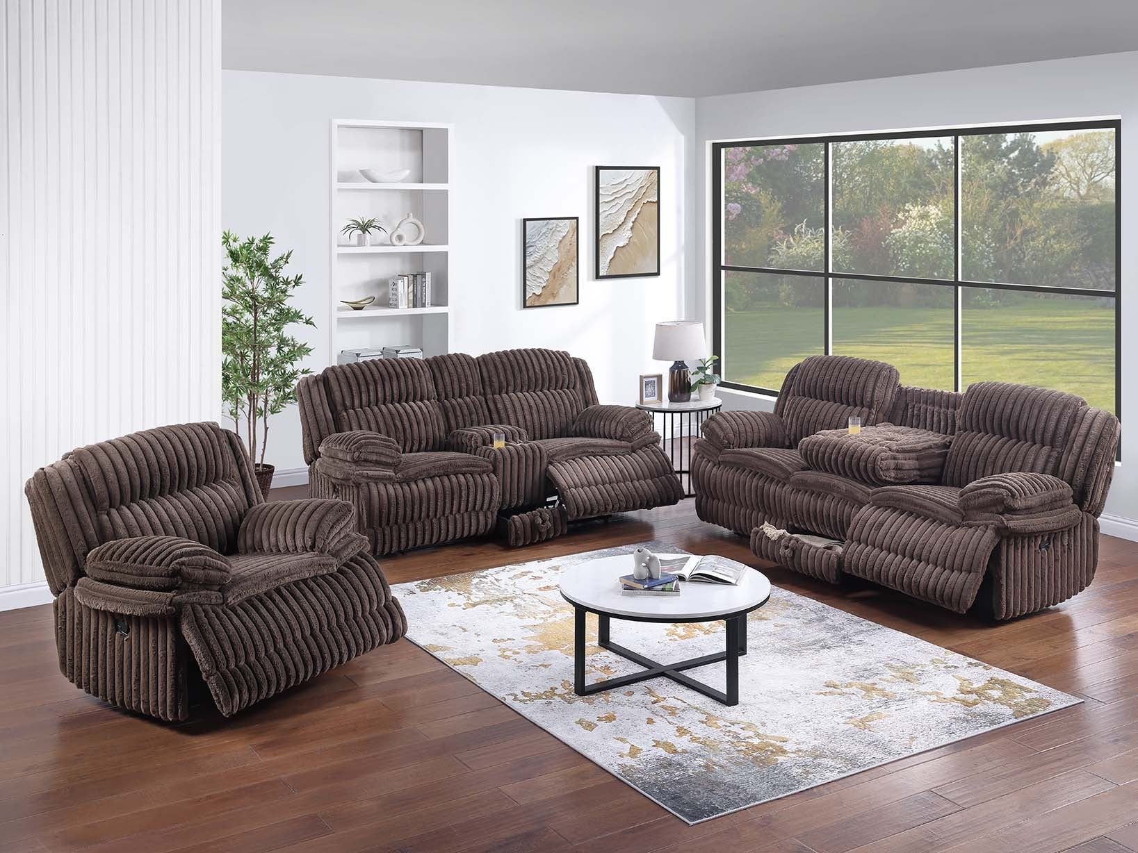Poundex F8136-35 2 pc chocolate wide welt corduroy sofa with drop down tray and love seat with cup console with recliners on the ends
