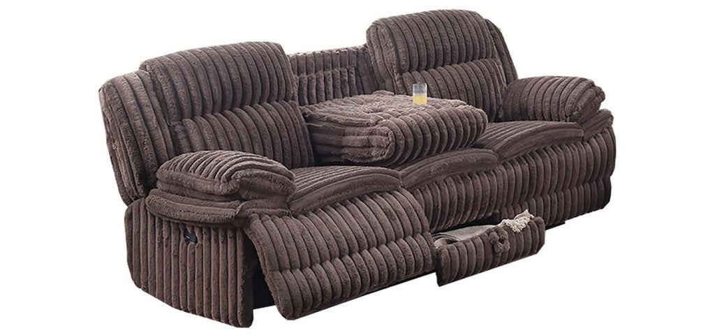 Poundex F8136-35 2 pc chocolate wide welt corduroy sofa with drop down tray and love seat with cup console with recliners on the ends