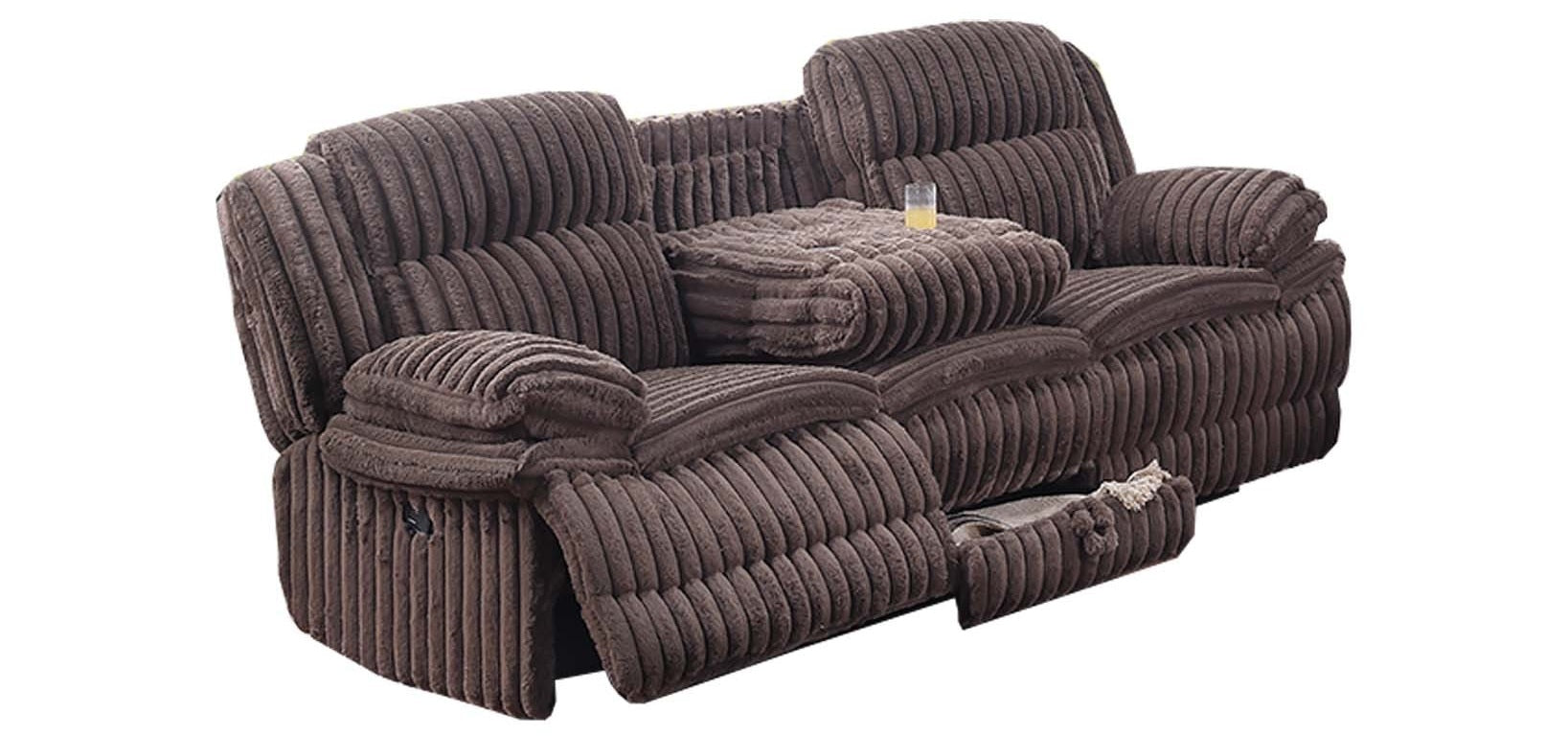 Poundex F8136-35 2 pc chocolate wide welt corduroy sofa with drop down tray and love seat with cup console with recliners on the ends