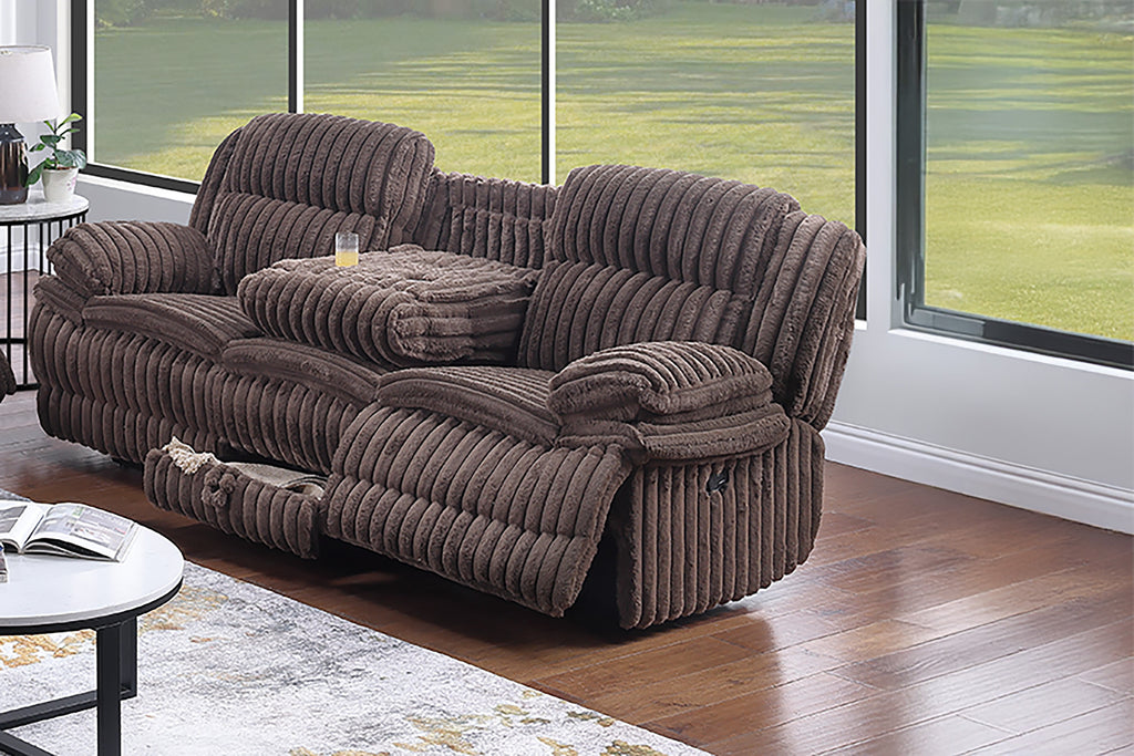 Poundex F8136-35 2 pc chocolate wide welt corduroy sofa with drop down tray and love seat with cup console with recliners on the ends