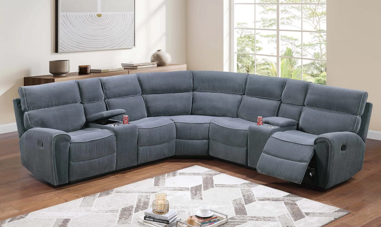 Poundex F8139 3 pc dark grey corduroy fabric sectional sofa with drink consoles and recliner ends