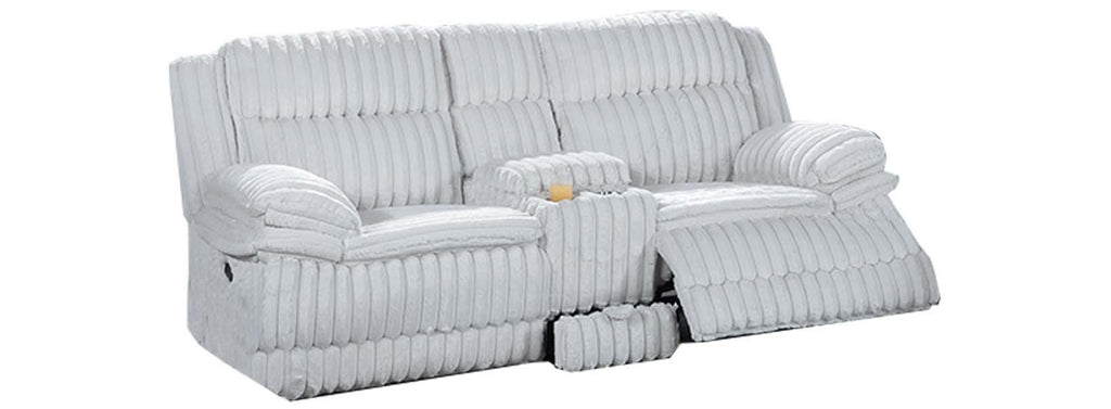 Poundex F8143-42 2 pc light grey wide welt corduroy sofa with drop down tray and love seat with cup console with recliners on the ends