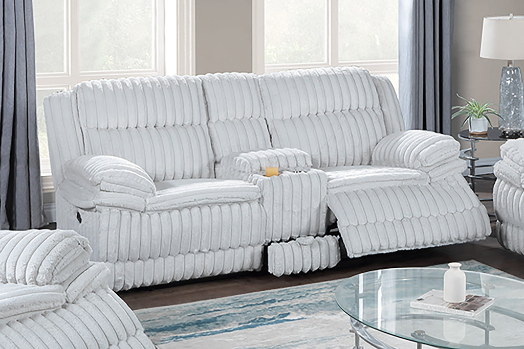Poundex F8143-42 2 pc light grey wide welt corduroy sofa with drop down tray and love seat with cup console with recliners on the ends
