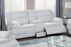 Poundex F8143-42 2 pc light grey wide welt corduroy sofa with drop down tray and love seat with cup console with recliners on the ends