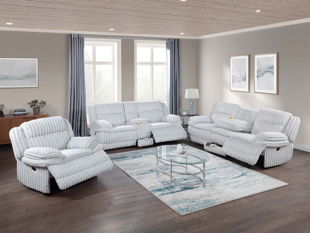 Poundex F8143-42 2 pc light grey wide welt corduroy sofa with drop down tray and love seat with cup console with recliners on the ends