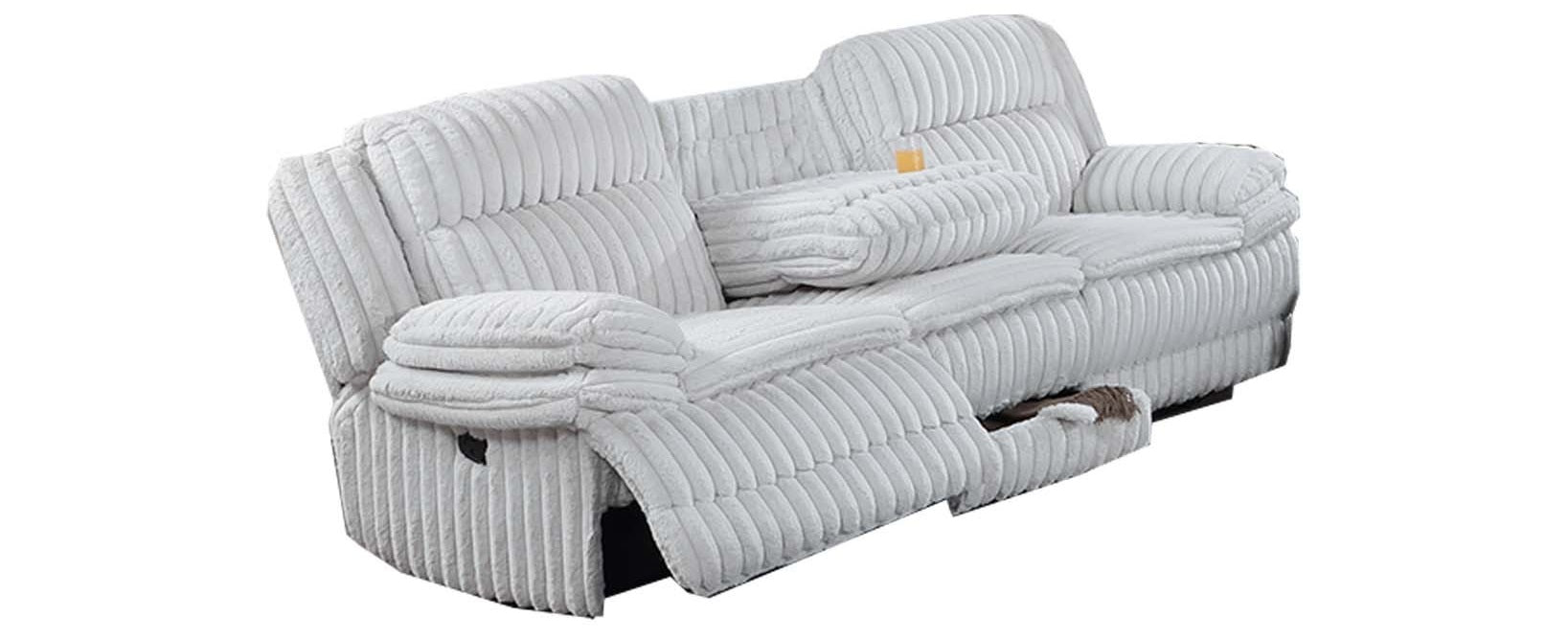 Poundex F8143-42 2 pc light grey wide welt corduroy sofa with drop down tray and love seat with cup console with recliners on the ends