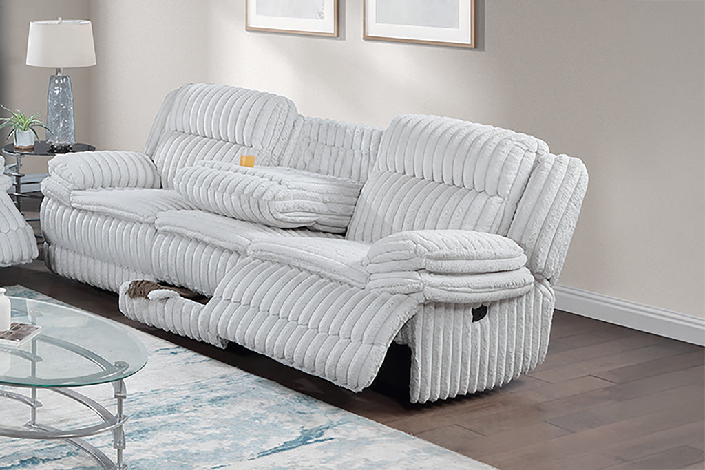Poundex F8143-42 2 pc light grey wide welt corduroy sofa with drop down tray and love seat with cup console with recliners on the ends