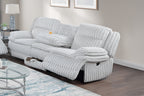 Poundex F8143-42 2 pc light grey wide welt corduroy sofa with drop down tray and love seat with cup console with recliners on the ends