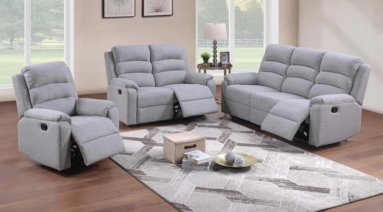 Poundex F8149-48  2 pc Sincere bone grey linen like fabric sofa and love seat set with recliners on the ends
