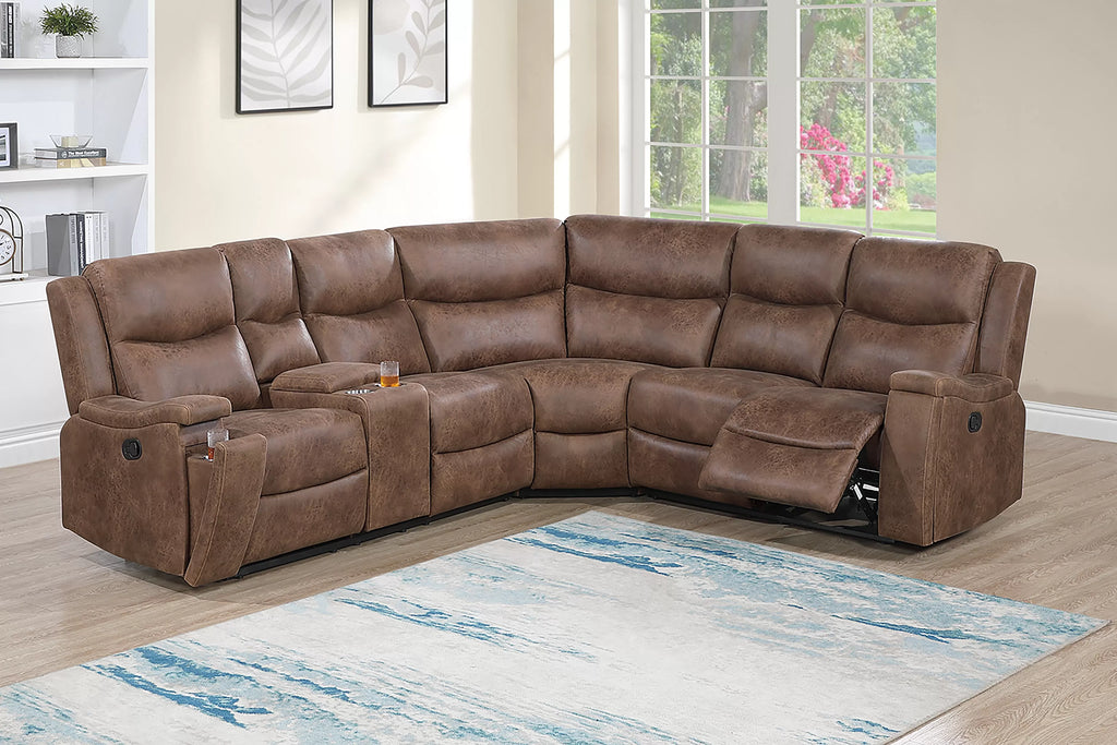 Poundex F8150 3 pc Walnut leather like fabric sectional sofa with drink console and recliner ends