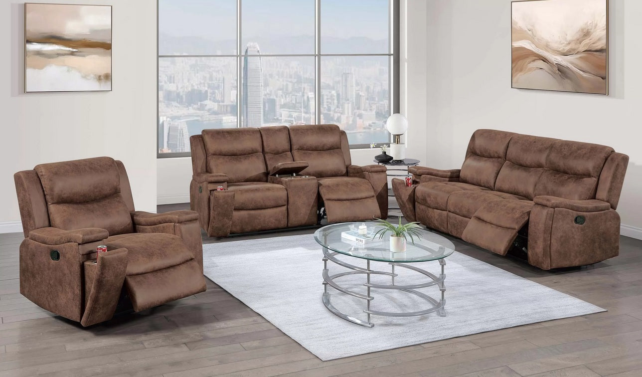 Poundex F8153-52 2 pc Walnut brown leather like fabric sofa and love seat set with recliners on the ends and hidden cup holders in arms