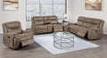 Poundex F8156-55 2 pc Auburn brown leather like fabric sofa and love seat set with recliners on the ends and hidden cup holders in arms
