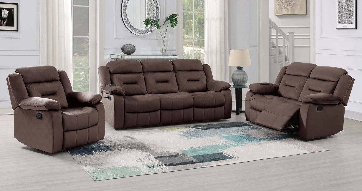 Poundex F8159-58  2 pc chocolate velvet sofa and love seat set with recliners on the ends with USB ports