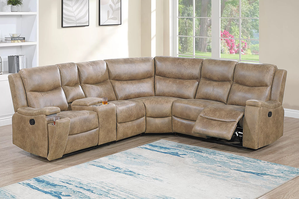 Poundex F8160 3 pc Auburn leather like fabric sectional sofa with drink console and recliner ends