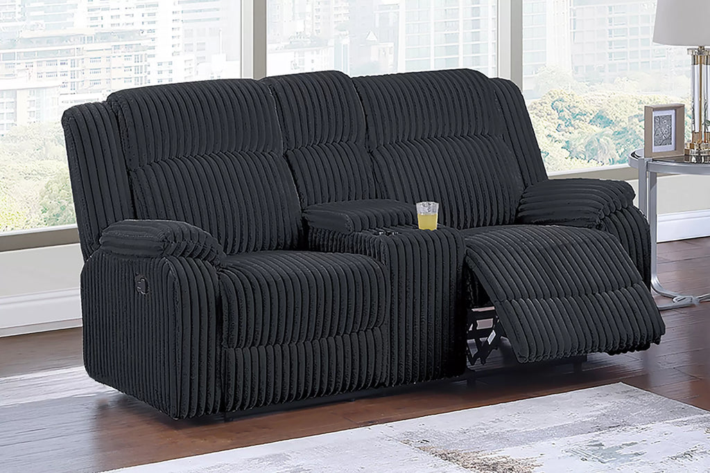 Poundex F8163-62 2 pc Black wide welt corduroy sofa and love seat set with recliners on the ends