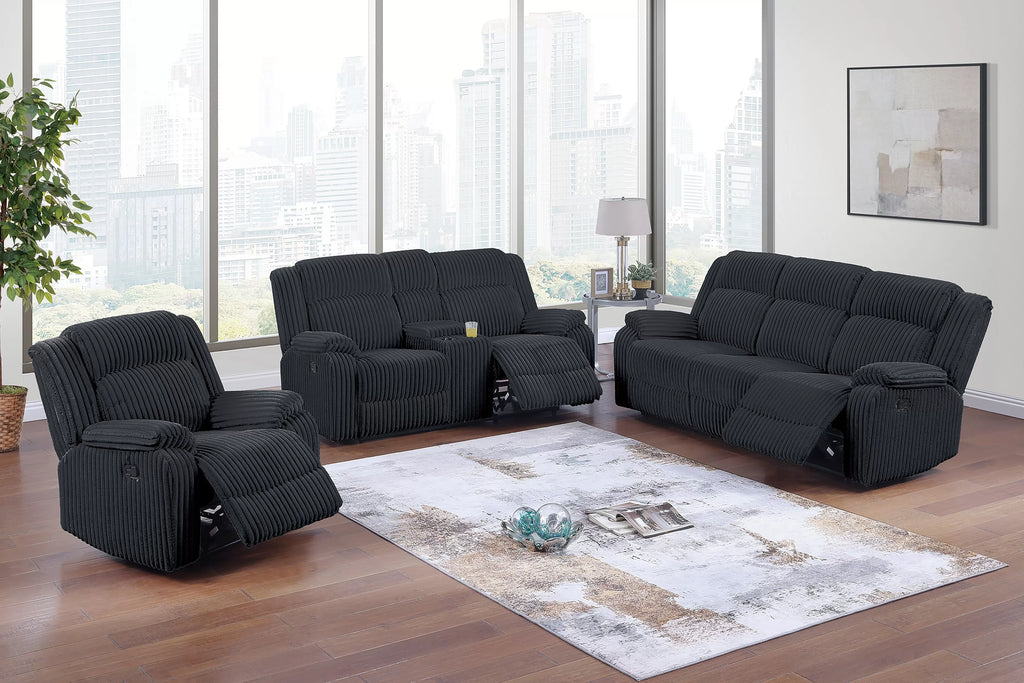 Poundex F8163-62 2 pc Black wide welt corduroy sofa and love seat set with recliners on the ends