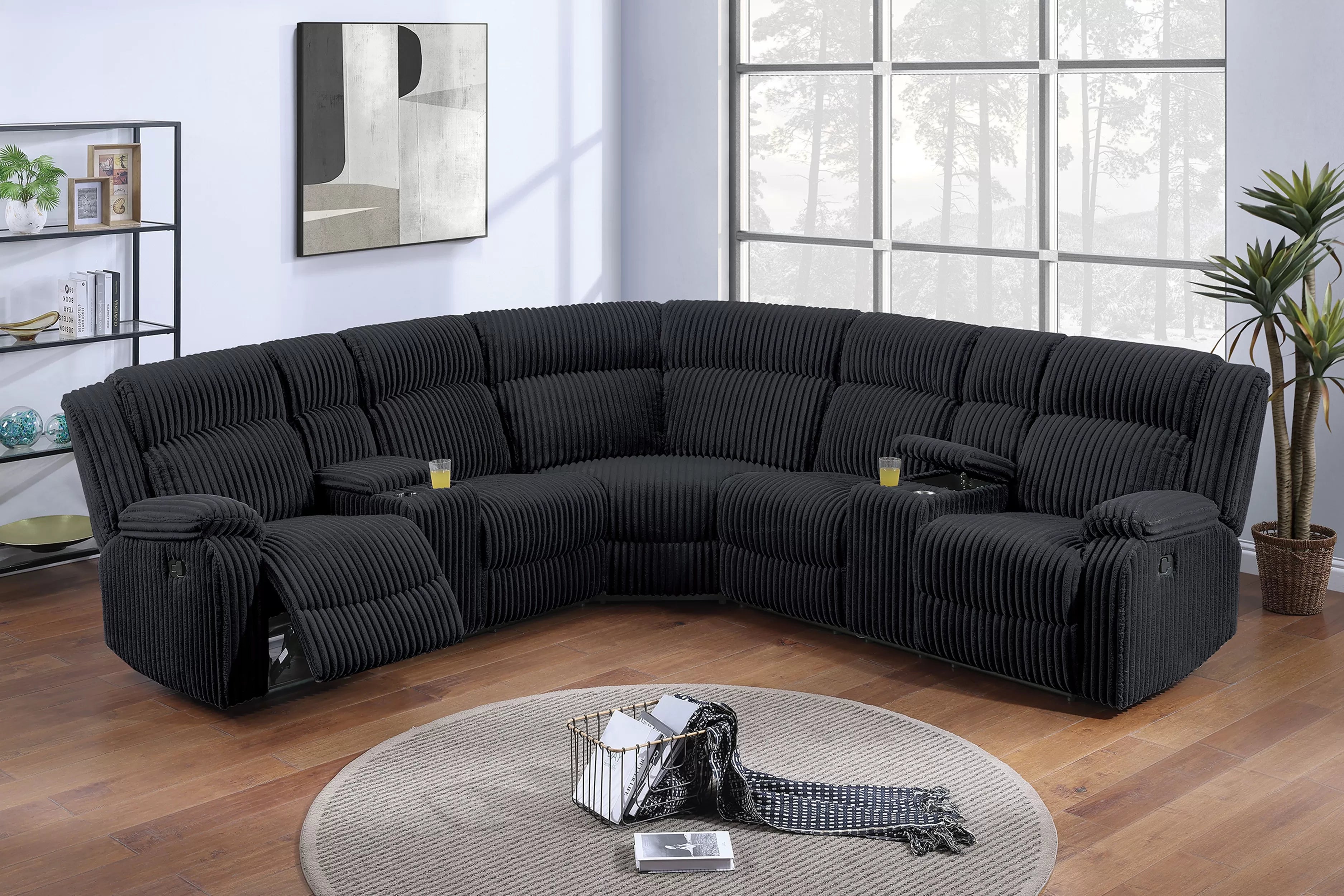 Poundex F8170 3 pc Black wide welt corduroy sectional sofa with cup consoles and recliners on the end