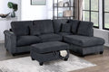 Poundex F8300 3 pc black corduroy fabric sectional sofa with USB plugs rounded arms with chaise and storage ottoman