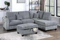 Poundex F8301 3 pc fog grey corduroy fabric sectional sofa with USB plugs rounded arms with chaise and storage ottoman