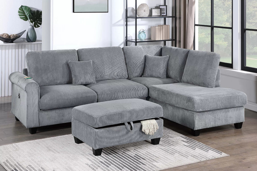 Poundex F8301 3 pc fog grey corduroy fabric sectional sofa with USB plugs rounded arms with chaise and storage ottoman